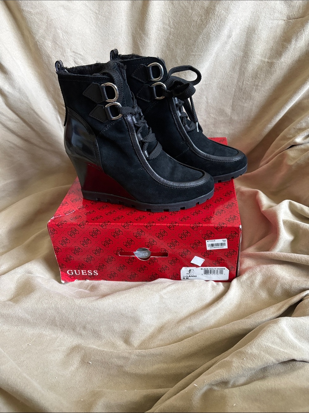 GUESS Black Multi Suede Wedge Ankle Boots Size 9